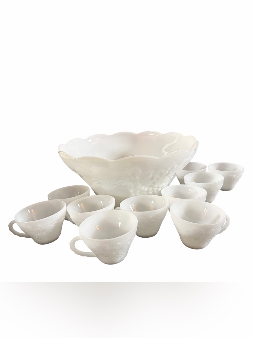 1960’s Vintage Anchor Hocking Harvest Grape Milk Glass Punch Bowl & 10 Cup Set